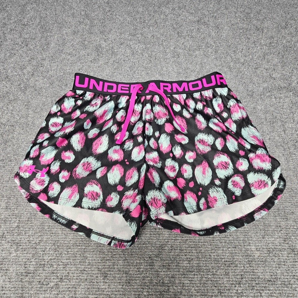 Under Armour HeatGear Shorts Girls Large Black Pink Leopard Print Active  Retro